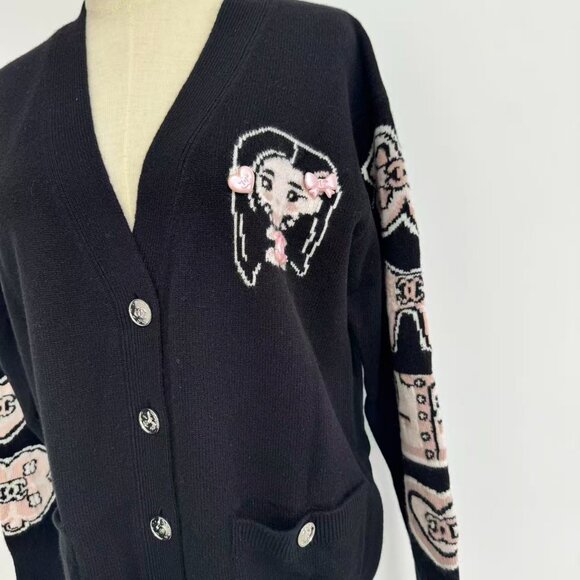 Chanel Black Knit Cardigan Cartoon Embroidery Plays Up Luxury Childlike Style - Picture 6 of 11